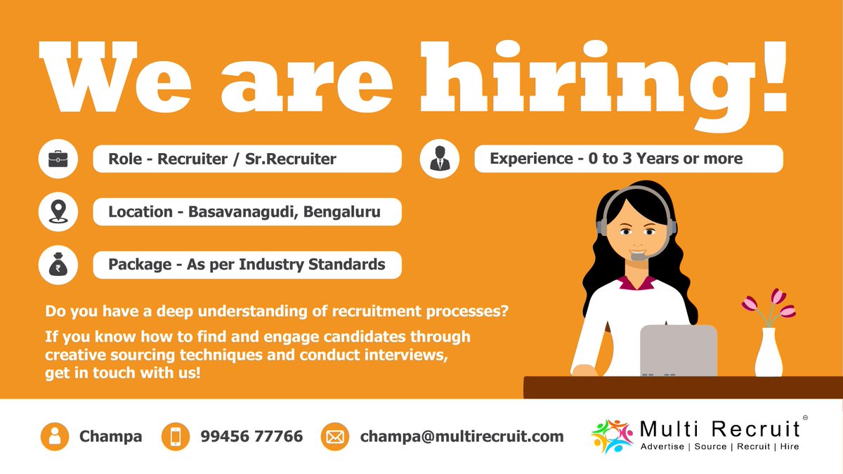 Hi! We are hiring Recruiter/Sr. Recruiter with 0-3 yrs of experience for Bengaluru.  

Interested candidates can drop your CV to champa@multirecruit.com or call us on +91 9945677766. 

#MultiRecruit #ITRecruitment #Recruiter #Coldcalling #Hiring #Recruitment #NonITRecruitment