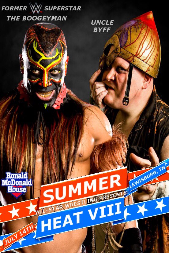 ASWLewisburg's tweet photo. You don’t want to miss this years “Summer Heat VIII “ . All -Star Wrestling is working to help raise money for the Ronald McDonald House Charity.  July 14th at 570 W. Church St. Lewisburg,TN https://t.co/fXxU7lU0Fx