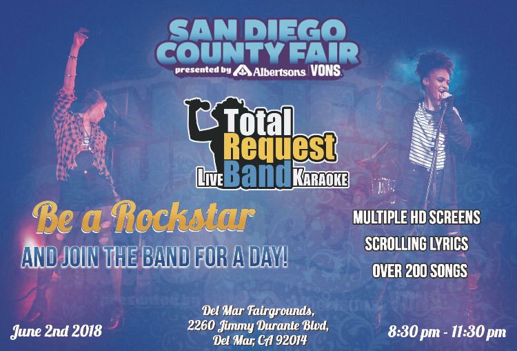 TotalRequestLBK's tweet photo. We’re bringing Live Band Karaoke to the San Diego County Fair, Sat June 2nd! This is your chance to get up on the big stage &amp; be a rockstar https://t.co/RxREDYcdf0