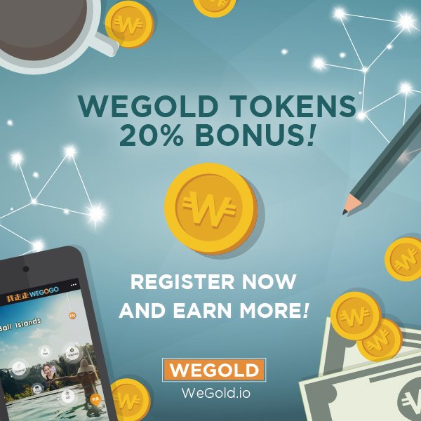 💰ONGOING 20% BONUS FOR WEGOLD (WGD) TOKENS💰 🏝️Bonus running out in 12 Days! 💰Register now to earn more WGD! 🛩️WeGold.io #WeGold #WEGOGO #Travel #ICO #Cryptocurrency #AsiaTravel #Coins #Tokens #Tokensale #Ethereum #ERC20 #Tourism #Crypto #ETH $ETH #Bonus