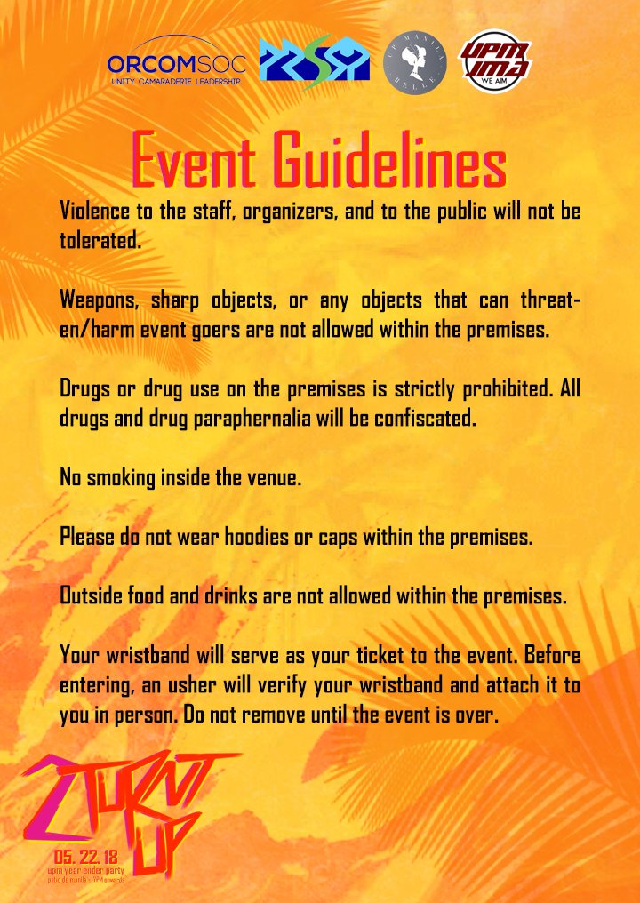 turntUP2018's tweet photo. Let's all #GetTurnt tonight!

As much as we want to have fun, we must also remain safe. Below are the guidelines for 2 Turnt UP.

For tickets, go to https://t.co/WC6j13k2vP or contact the numbers below. Reservations are until 7pm tonight. 

See you there! 😉

#TurntUP2018 https://t.co/8BN4icBmTp