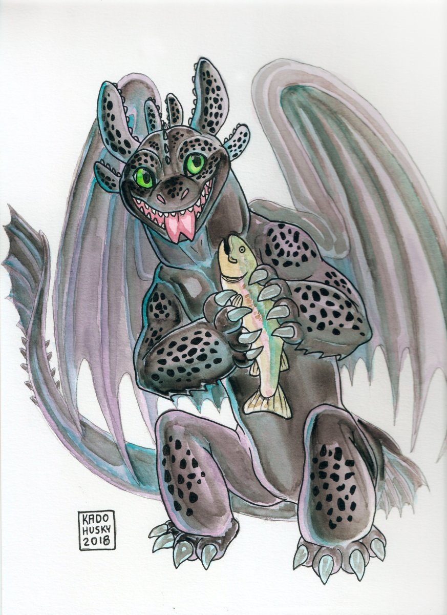 AvoKadoHusky's tweet photo. Made a Toothless with feesh!  9"x12" Watercolor and Ink- willing to let it go for $30 plus shipping.  Lemme know if want ;) https://t.co/3cKhG5YNDp