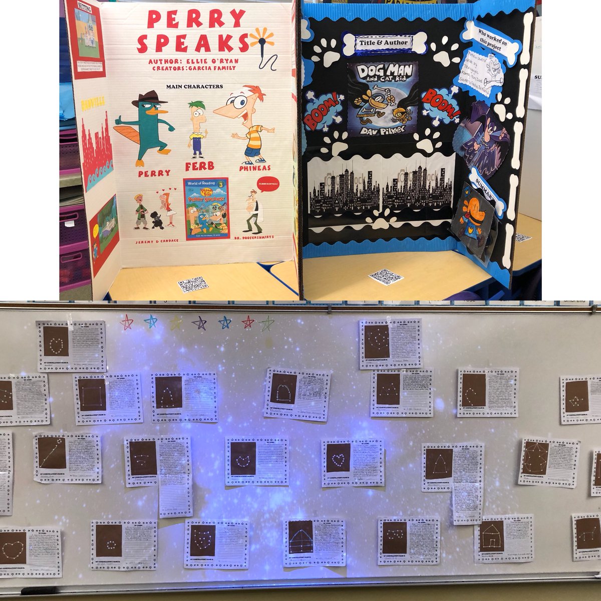 TNguyen925's tweet photo. “Inclusion” Art Challenges, “Guess Who?” self-portraits, Book Projects w/ student presentations via QR codes, &amp; Constellations w/ legends to go with each! Another successful Open House in the books!🤩 @3Rscholars #OpenHouse #3RScholars #AlisalStrong #AlisalFuerte https://t.co/OKSSh5Qq8c