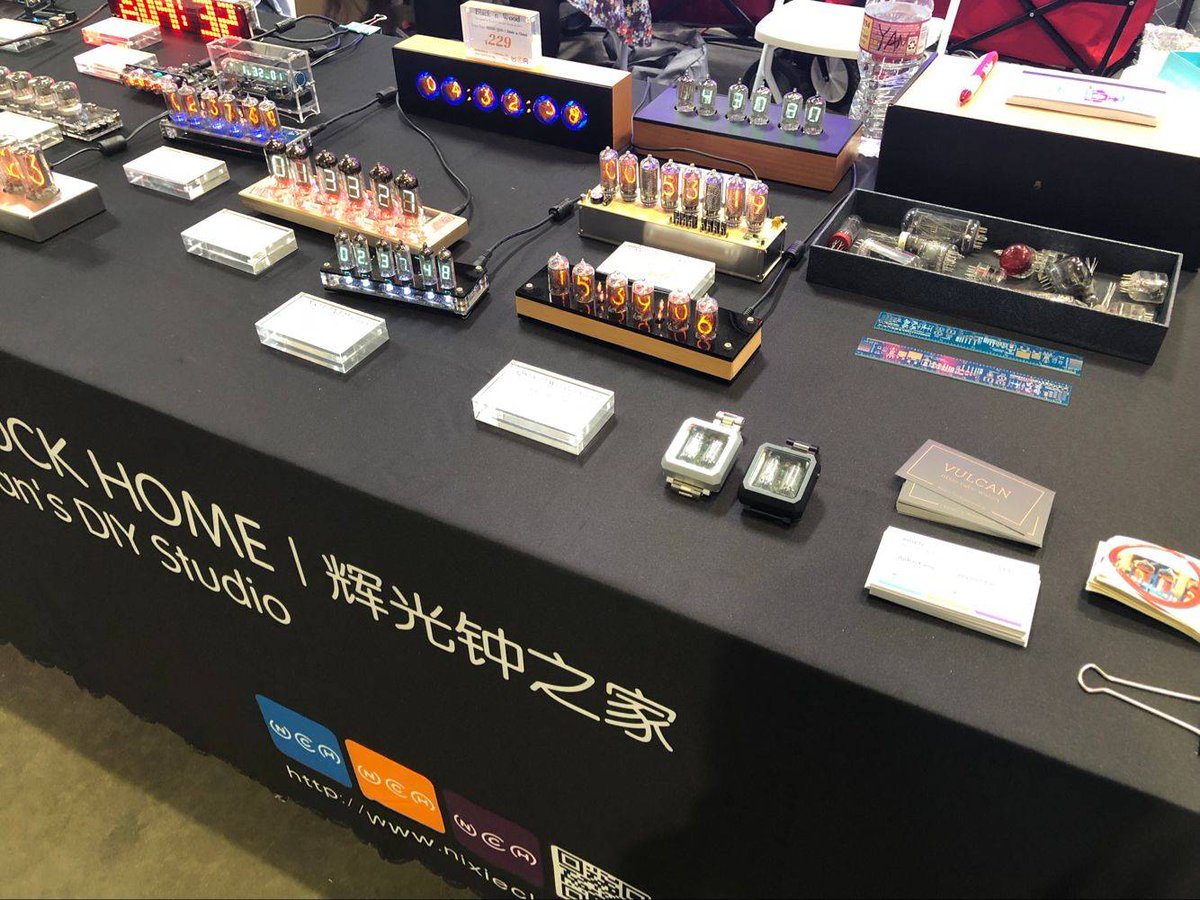 VulcanWatch's tweet photo. Thanks to Nixie Clock Home (https://t.co/uQuUu4NuUX), we are able to demonstrate our very first watch prototype at Maker Faire. #makerfaire #vulcanwatch #nixiewatch #projectvulcan #nixietube https://t.co/F3BA1g9i3V