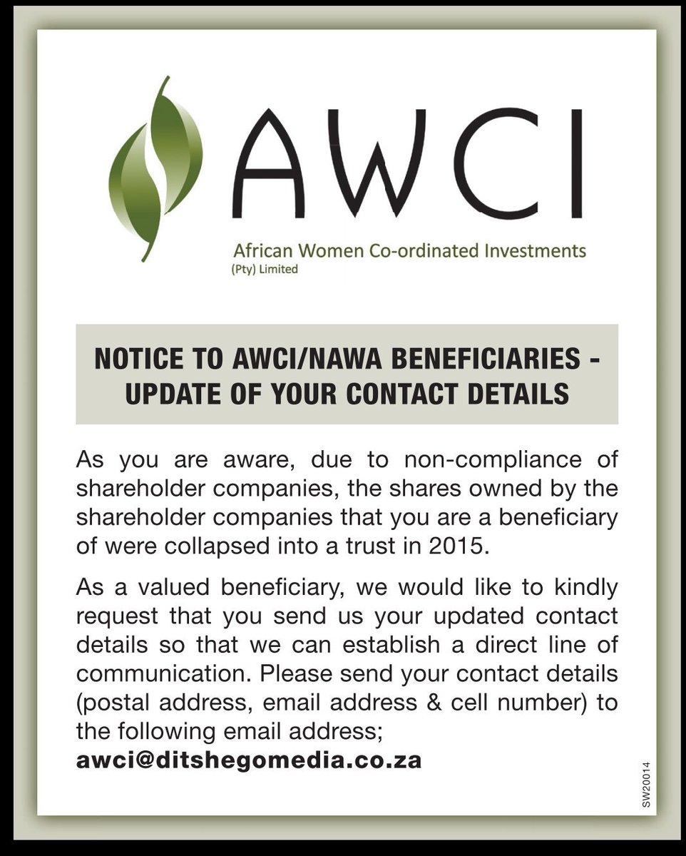 DitshegoMedia's tweet image. Check page two of today&apos;s Sowetan to see the advertisement placed from our client AWCI (African Women Co-ordinated Investments) #TailorMadeSolutions
