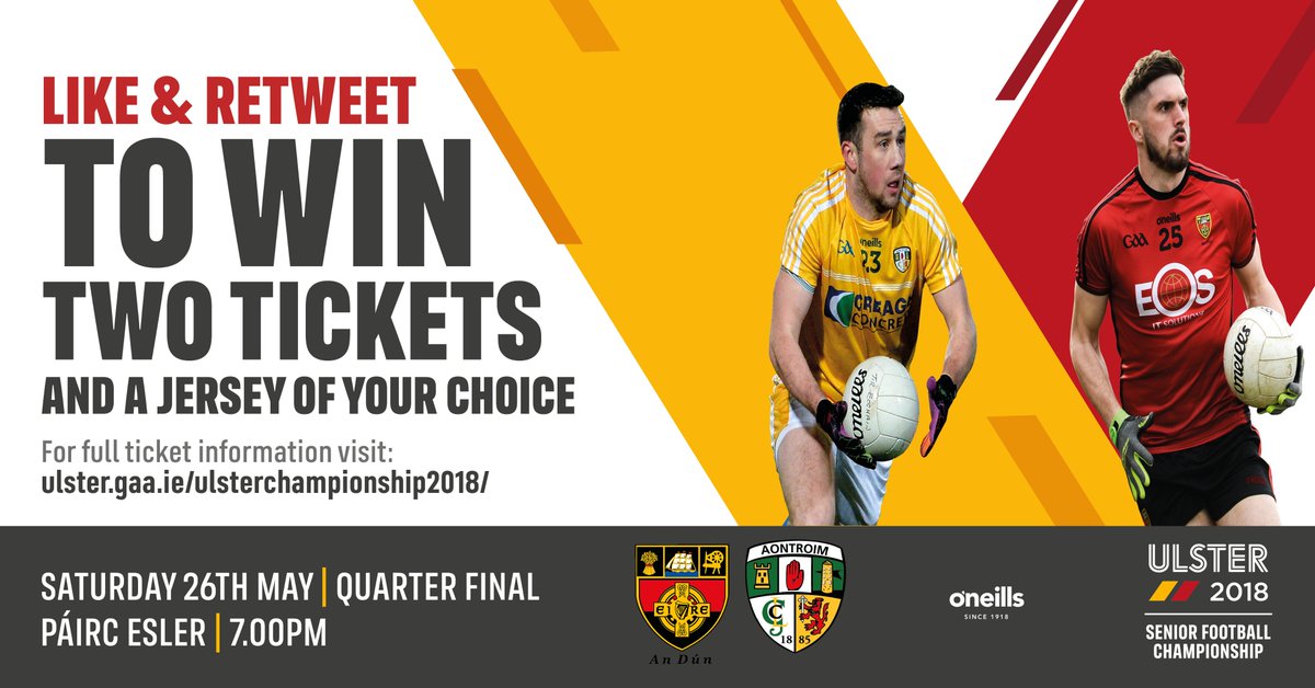 UlsterGAA's tweet photo. 🌟🌟COMPETITION TIME 🌟🌟 WIN two tickets to the @OfficialDownGAA v @AontroimGAA USFC Quarter Final this Sat PLUS an @ONeills1918 County Jersey of your choice 🙌 LIKE &amp; RETWEET to enter. Comp closes at midday tomorrow Wed 23 May and the winner will be announced here 🤞🤞🤞 https://t.co/bZ4j75DRwL