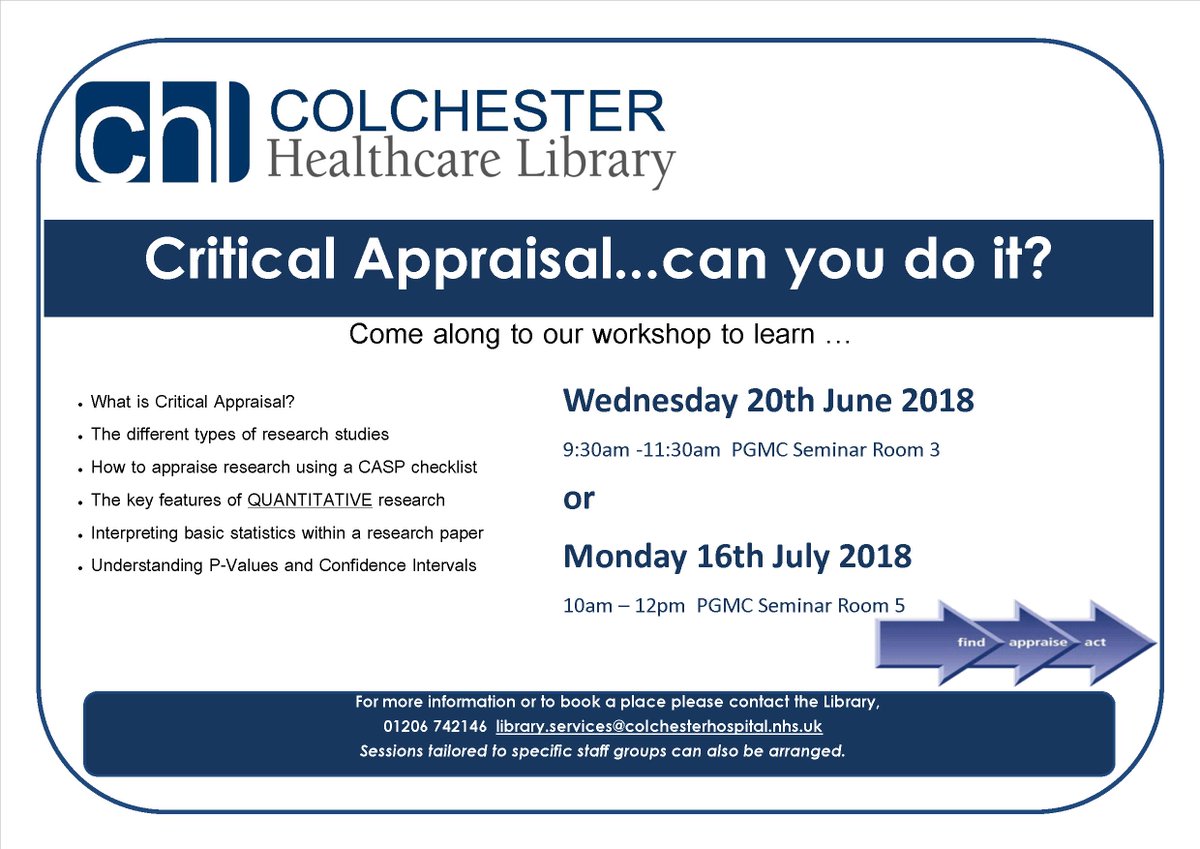 Want to learn more about Critical Appraisal?  Come along to one of our workshops open to all CHUFT and ACE staff @ColchesterNHSFT