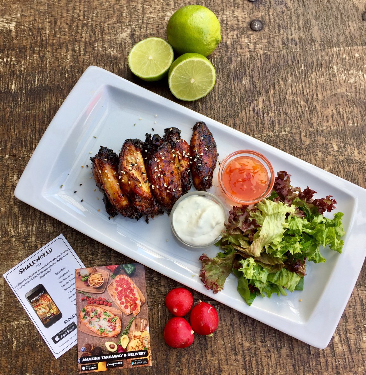 Chicken wings roasted in soy sauce &amp; onion. Served with a mixed leave salad, blue cheese &amp; sweet chili sauces.
#marbella 
#marbs 
#puertobanus
#marbellafood 
#marbellalife 
#marbellalifestyle 
#foodies
#takeawayfood 
#takeaways
#takeawaymarbella
#fooddelivery
#drinkdelivery