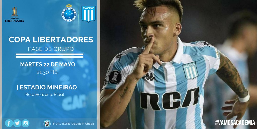 🏆#CopaLibertadores 🏆

¡#HoyJuegaRacing! 

Por la fase de grupo, la #Academia visita a <a href="/Cruzeiro/">Cruzeiro 🦊</a> desde las 21:30 hs. en el Estadio Mineirao.
📺 El partido será televisado por <a href="/FOXSportsArg/">Fox Sports Argentina</a>.

¡#VamosAcademia!