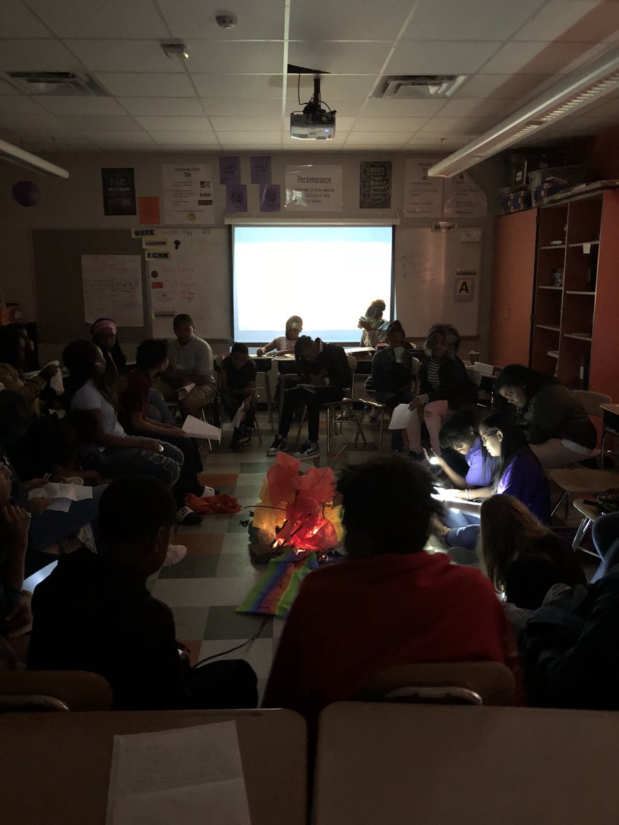 End of the writing assignment- after close reading 2 Creepy Texts and analyzing what the authors did to create that Creepy Tale. I had a #classroomtransformation to host a reading #campfire #Ela