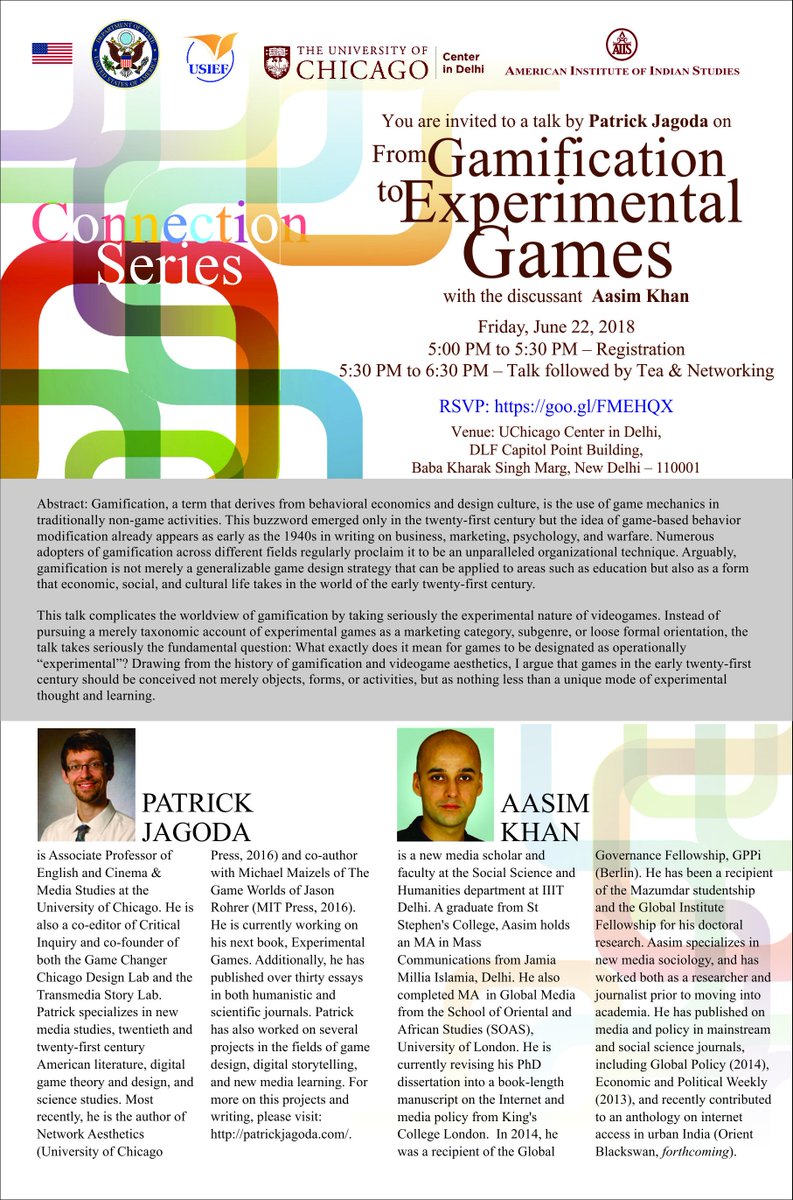 UChiDelhi's tweet photo. We are back with our #ConnectionSeries event! 

Join us on June 22 for talk by Prof. Jagoda (@UChicagoHum) with discussant Prof. Aasim (@IIITDelhi)
"From Gamification to Experimental Games" in collab. American Center, @AmInstIndStds, @USIEF &amp; @USAndIndia 

https://t.co/EYYn6e2psd https://t.co/CW6kpjOSwW
