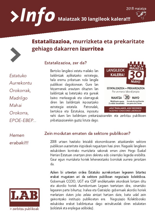 LABpublikoa's tweet image. Negoziazio Kolektiborako eskubidea erabat baldintzatua dago  estrukturalak diren edukietan (soldatak eta enplegua adibidez).
[INFO PDF] Estatalizazioa zerbitzu publikoetan 
labur.eus/Og2Vg