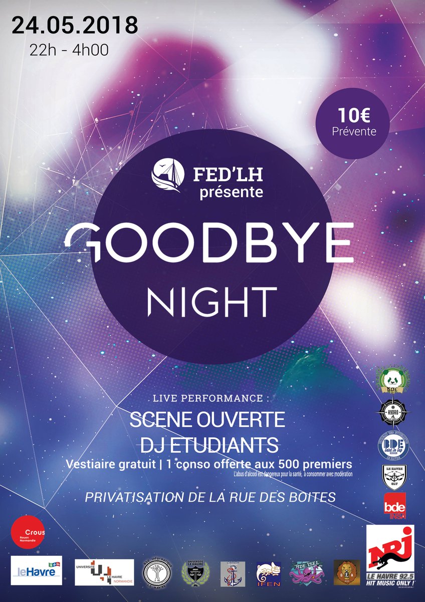 NRJLeHavre's tweet photo. La billetterie est ouverte pour la #GoodbyeNight 2018 > https://t.co/mTfYVNdy0X. La @FEDLH vous donne rendez-vous pour la plus grosse soirée étudiante de l’année ce jeudi soir dès 22h dans 4 boites havraises privatisées pour l’occasion. https://t.co/SoHoBEO2Mz