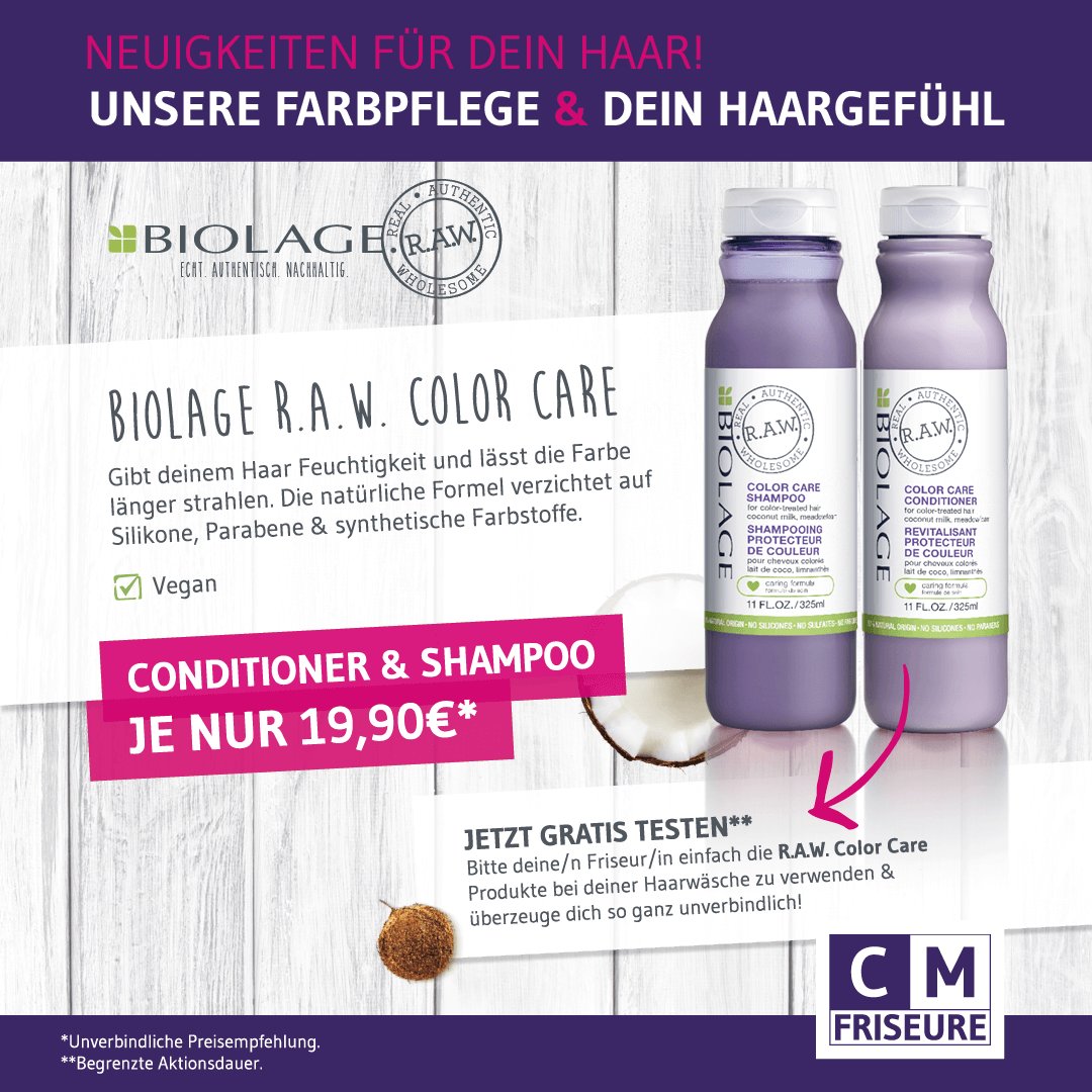 CMFriseure's tweet photo. Aufgepasst, hier gibt's tolle Neuigkeiten für dein Haar! Unsere aktuellen Aktionsprodukte pflegen deine Haare und verleihen dir passend zum Frühling ein unwiderstehliches Haargefühl. Die tollen Biolage R.A.W. Color Care Produkte gibt es jetzt vergünstigt in unseren Salons! https://t.co/gE9URADPdZ