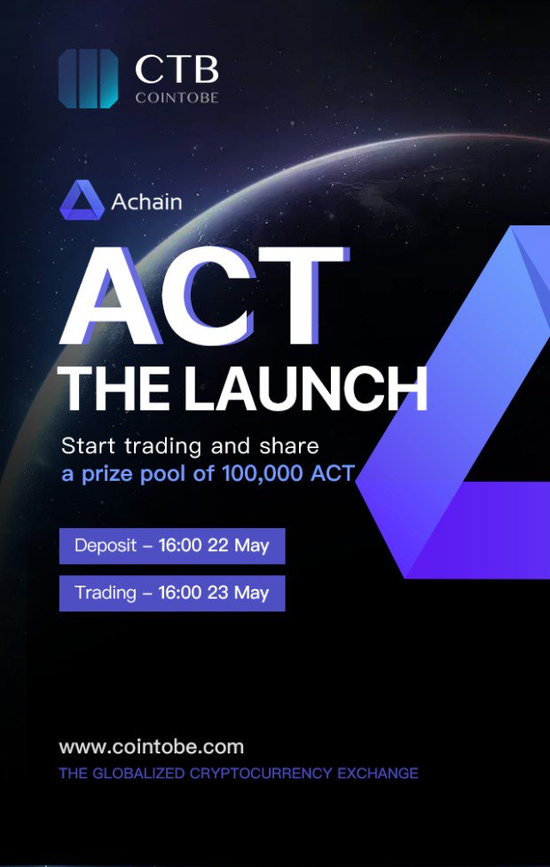 #Achain’s token $ACT is listed on <a href="/cointobe4/">cointobe</a>, the pioneer cryptocurrency exchange. Deposits start at 4:00 PM May 22 and trading goes live at 4:00 PM May 23. #Achain is always on our way to global expansion!