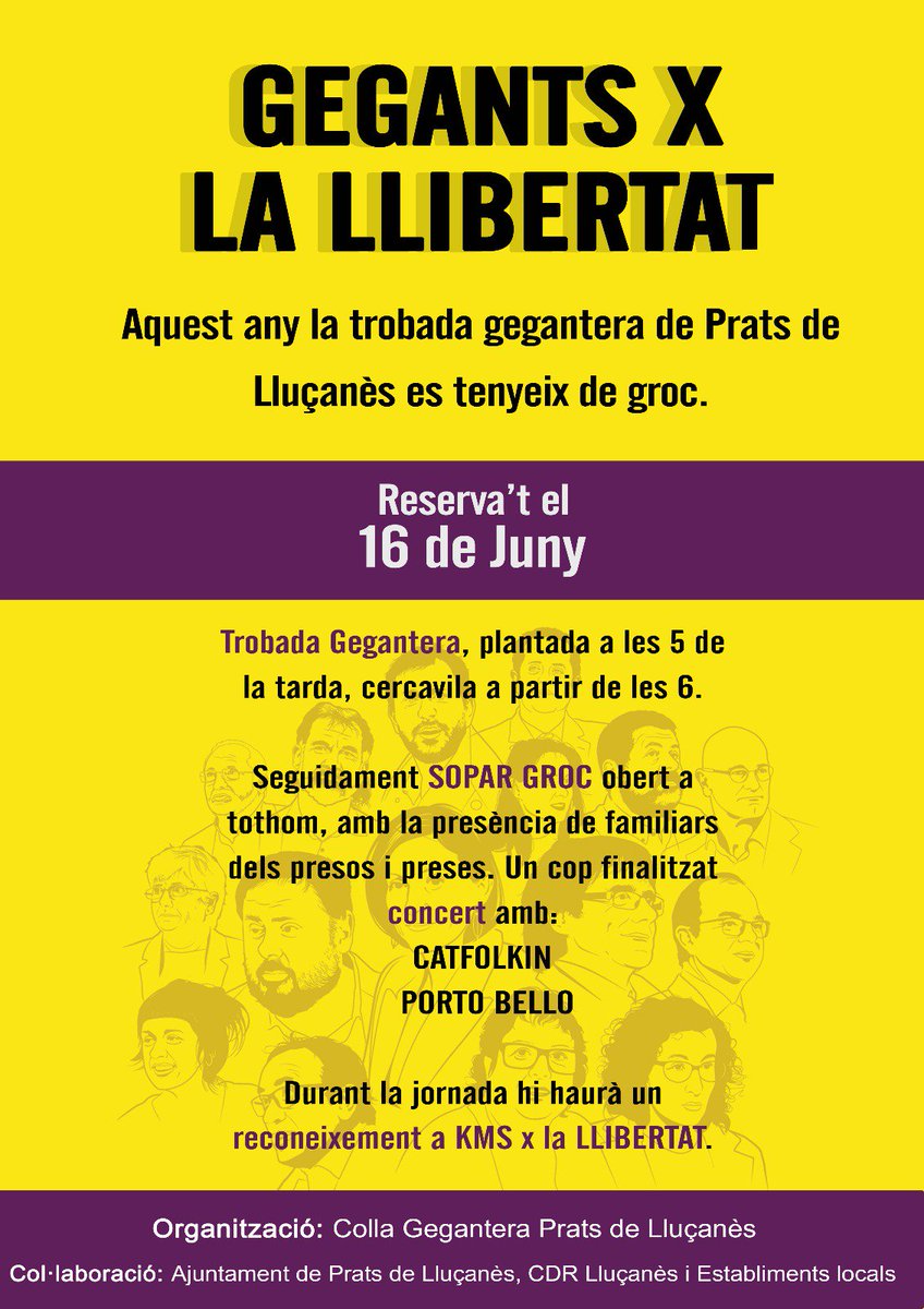 Totes les colles geganteres que es vulguin apuntar que es posin en contacte amb nosaltres. Hem de fer una gran festa Gegantera. #LlibertatPresosPolítics #LlibertatPresesPolítiques #GEGANTSxlallibertat