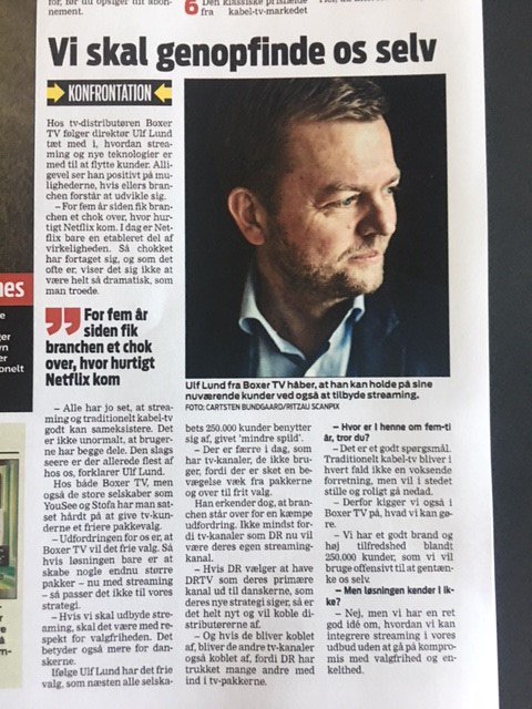 >85% af danskerne køber stadig flow-tv hos sådan nogle som os. Så rygterne om kabel-tv’s død er stærkt overdrevne. Men det kræver, at vi genopfinder os selv. #dkmedier <a href="/ebbreaking/">Ekstra Bladet Breaking</a>