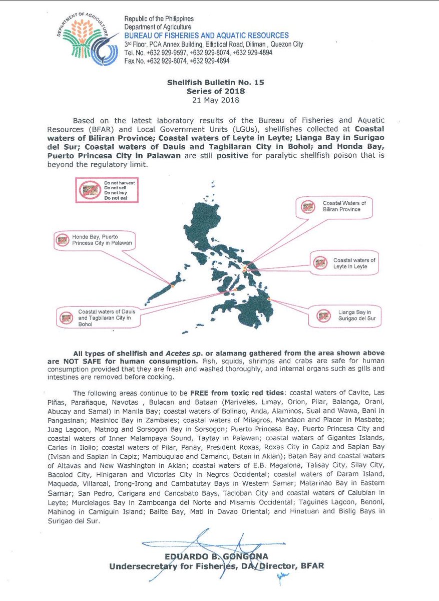 alvinelchico's tweet image. BFAR: Coastal waters of Biliran Province; Leyte in Leyte; Lianga Bay in Surigao del Sur;  Dauis and Tagbilaran City in Bohol; and Honda Bay, Puerto Princesa in Palawan are still positive for paralytic shellfish poison that is beyond the regulatory limit.