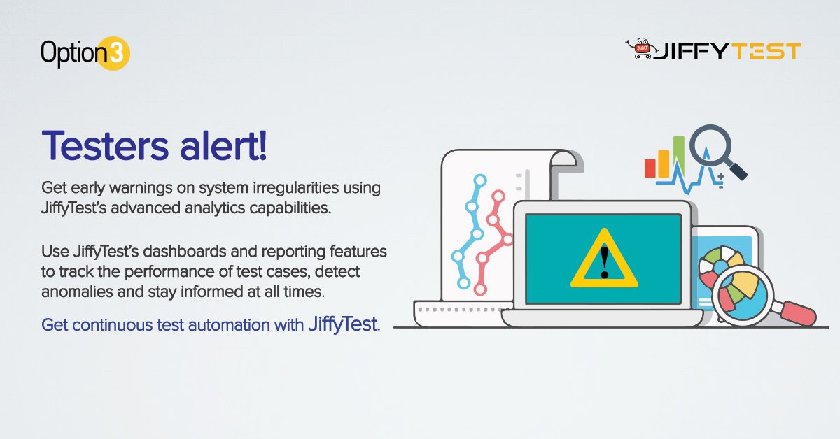 Option3_'s tweet image. Get early warnings on system irregularities using #JiffyTEST advanced analytics capabilities.

#TestAutomation #IntelligentTesting #ContinuousTesting
#BusinessAutomationTools #IntelligentTestAutomation 
To know more visit: bit.ly/JiffyTEST