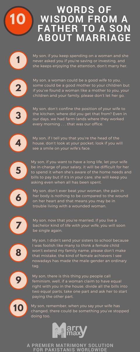 marrymax's tweet photo. 10 WORDS OF WISDOM FROM A FATHER TO A SON ABOUT MARRIAGE
#MarryMax #Matrimony #OnlineMatchmaking #Infographic https://t.co/JvY4Fs4U1k