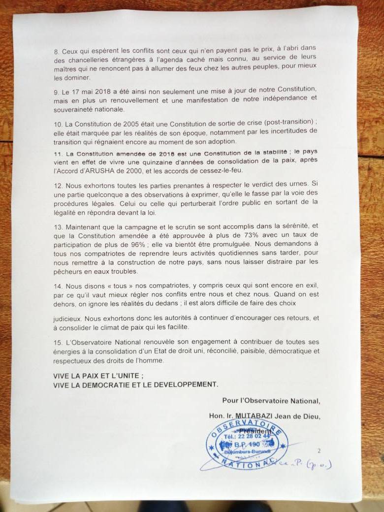RT_Isanganiro's tweet photo. L'observatoire National  pour la Prévention et l'Eradication du génocide @ONPGH se réjouit des résultats provisoires du référendum. Dans un communiqué de ce lundi, cet observatoire précise  que le scrutin référendaire  s'est déroulé sur le mode d'apaisement https://t.co/IxCzekgli8