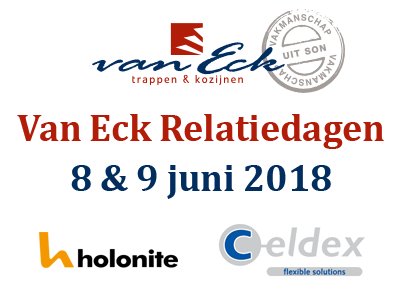 Ook Holonite en Celdex op Van Eck relatiedagen
Holonite, onze leverancier van laag reliëfdorpels presenteert zich op onze relatiedagen op 8 en 9 juni. Ook Celdex, leverancier van benodigdheden voor luchtdicht bouwen is van de partij! Zie ook bit.ly/2GpE9va. Komt u ook?