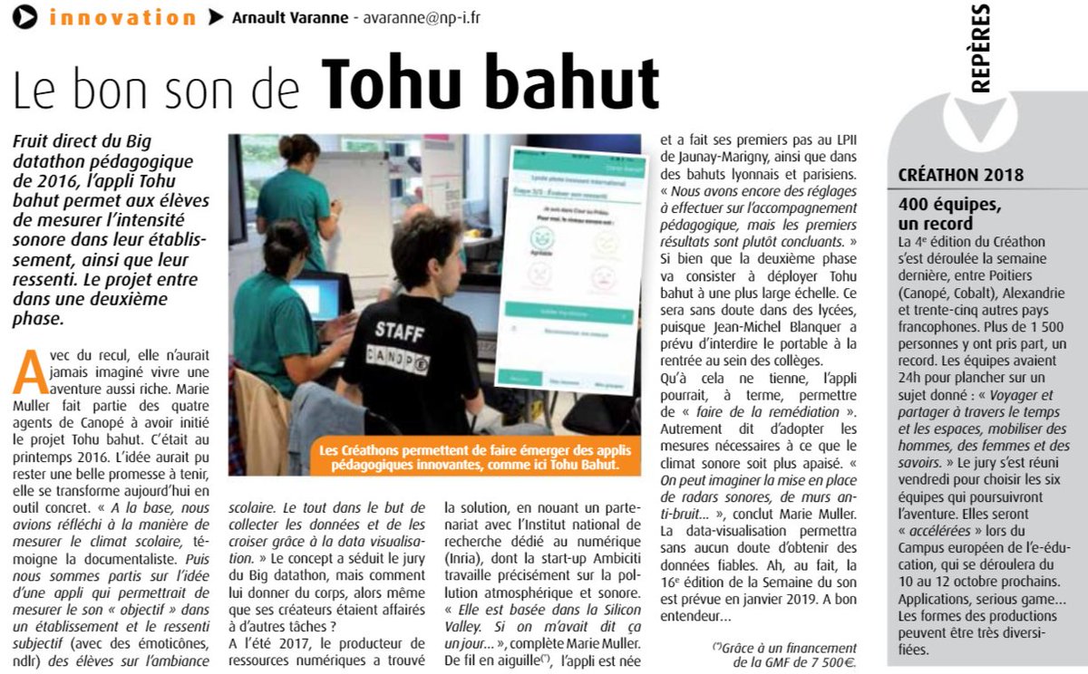 chutjetweet's tweet photo. À bon entendeur, #TohuBahut vous salue ! 😅🔊 Merci bcp @AVaranne pour ce sympathique article dans @7apoitiers ! Des pensées à toute l'équipe @reseau_canope sans qui notre projet serait resté dans les cartons 📦 #ProjetdAppli #climatScolaire #BYOD #dataviz #BigDatathon #Hackathon https://t.co/COZqADgexi