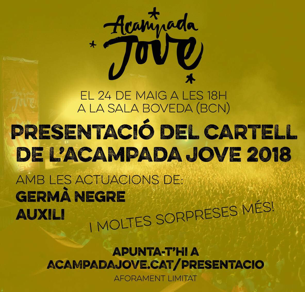 📣Aquest dijous toquem a la presentació del cartell de <a href="/acampadajove/">Acampada Jove</a> 2018! Amb els companys de <a href="/auxili/">Auxili</a>.oficial !!
⏰ 18h 
🏤 Sala Boveda
#acampadajove #moltdeporcipocasalsitxa #germanegre