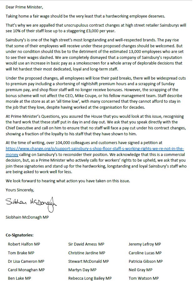 Siobhain_Mc's tweet photo. Show some loyalty! 112 MPs call on @theresa_may to stand up for the thousands of longstanding @sainsburys staff being asked to #workwellforless. Sign their petition here: https://t.co/ApxjutWec4 https://t.co/9XB2OD6JkW