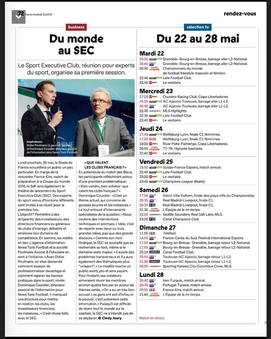 Poulmaire_AF's tweet photo. « Bien vendre, bien acheter : que valent les clubs français ? » 
Première session du Sport Executive Club, par @Poulmaire_AF &amp; @NewsTankFoot le 28 mai au @StadeFrance . 

Aujourd'hui dans @francefootball #sec #football #newstank #paf https://t.co/yr79atWaNz