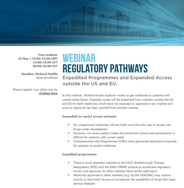 popewoodhead's tweet photo. Last Chance! Register now to our upcoming free #webinar based on "Regulatory pathways: Expedited Programmes and Expanded #Access outside the US and EU" presented by our #regulatory expert Richard Huckle - https://t.co/j46BGRhvvV #lifesciences #healthcare #patientaccess https://t.co/gKkUGTlq6d