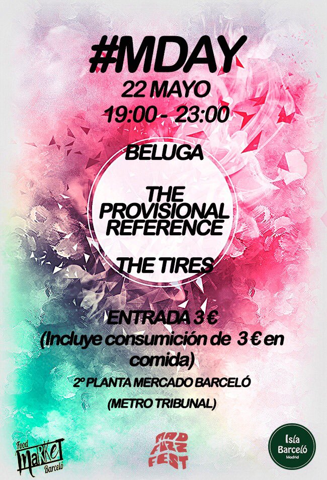 Hoy tenemos jaleo con <a href="/losbeluga/">Beluga</a>, <a href="/TPR_band/">ProvisionalReference</a> y <a href="/thetiresband/">the tires.</a> en el <a href="/marketbarcelo/">Food Market Barceló</a> de <a href="/BarceloIsla/">Isla Barceló</a>. A las 19:00. Entrada por 3 euros con consumición de comida incluida!! El mejor plan de martes!!