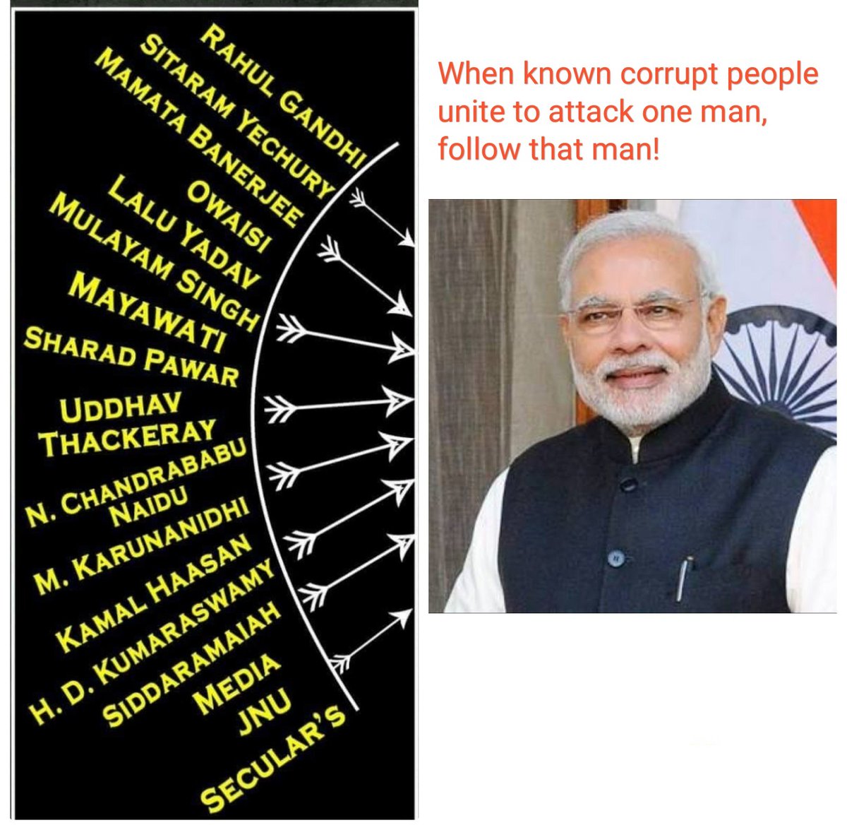 Rita_2110's tweet photo. "When a bunch of known corrupt people unite against one man and spare no effort to ridicule him, blackmail him and attempt to assassinate his character....BLINDLY FOLLOW THAT ONE MAN."
A simple choice for #election2019....it is one Modi against 100 zeros. 😁😁
#ModiVsAllin2019 https://t.co/VEHGUQhMYs