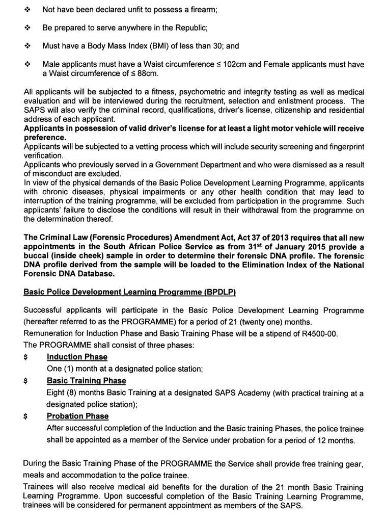 SAPoliceService's tweet photo. RT #sapsHQ Vacancies #PoliceTrainees intake 2018/2019: The #SAPS invites interested applicants from all races &amp; gender for enlistment in the Basic Police Development Learning Programme. Closing date, 15/06 ME
https://t.co/ev6QFOgkIh
https://t.co/C7mlZtvBh6
https://t.co/D2Dli63q4T https://t.co/7Hb0GOKQOW