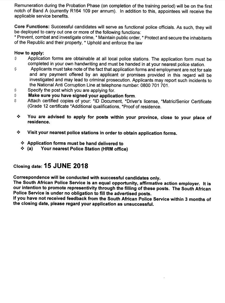 SAPoliceService's tweet photo. RT #sapsHQ Vacancies #PoliceTrainees intake 2018/2019: The #SAPS invites interested applicants from all races &amp; gender for enlistment in the Basic Police Development Learning Programme. Closing date, 15/06 ME
https://t.co/ev6QFOgkIh
https://t.co/C7mlZtvBh6
https://t.co/D2Dli63q4T https://t.co/7Hb0GOKQOW