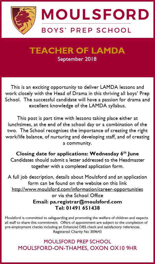 Moulsford's tweet photo. Career Opportunity: Moulsford is currently seeking a part time LAMDA teacher to work closely with the Head of Drama.  Full details can be found at https://t.co/dfsCeFRQpU #LAMDA #dramateacher #oxonjobs https://t.co/bteLR8hkFX