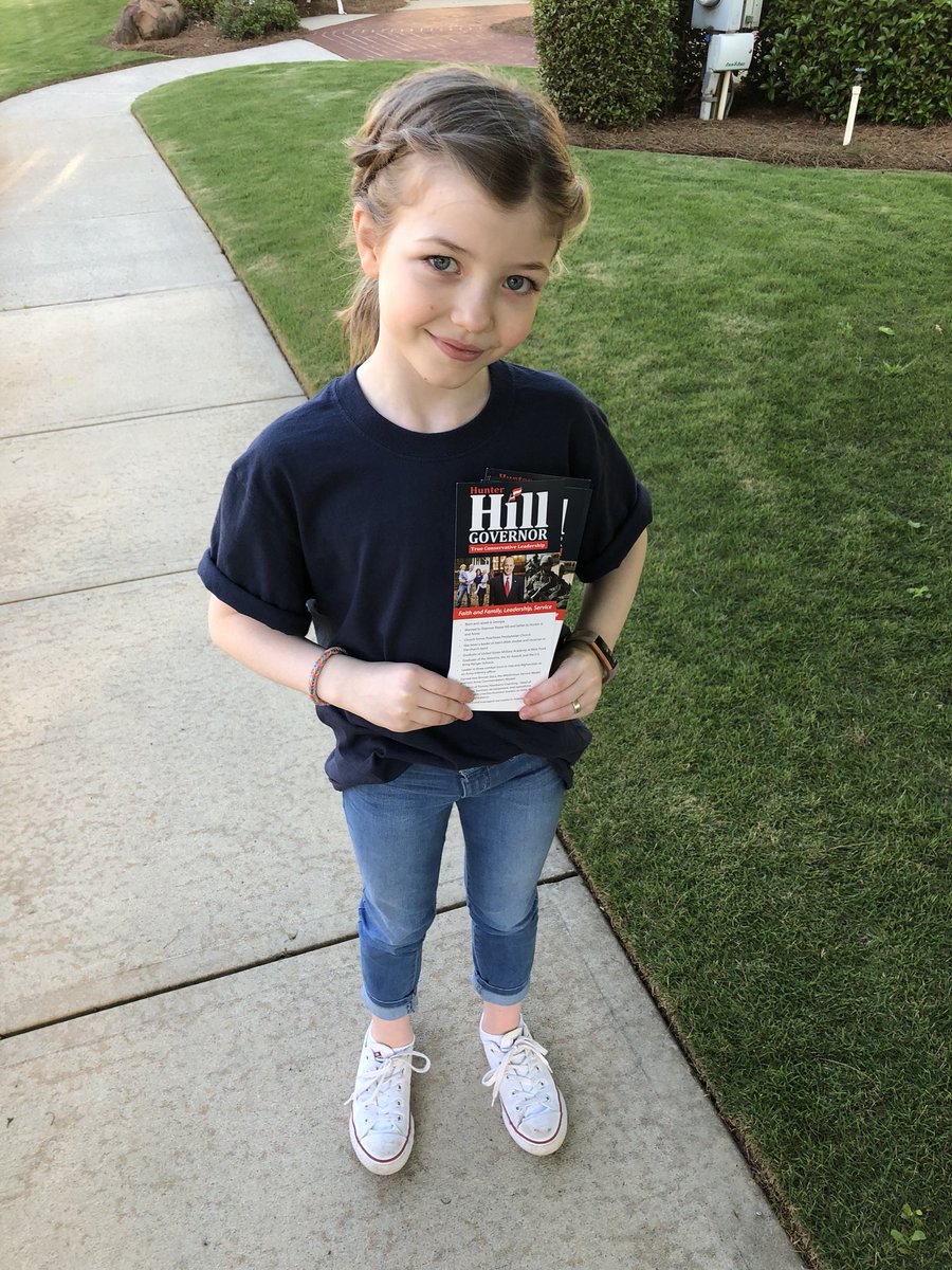 KatieFrost318's tweet photo. Polls in GA open in an hour. If you haven’t decided to vote for @votehunterhill based on the issues, then do it for this little girl. She has knocked doors, made calls and put out signs in the rain. She can’t vote for Hunter, but you can. #TeamHill #gapol https://t.co/R8pmSIOHBD