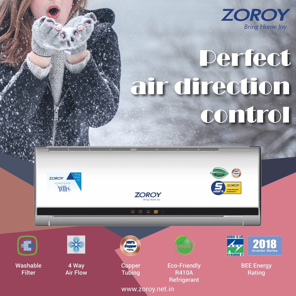 The right kind of Air Conditioner can turn your home & office into an oasis of comfort; whenever you use it! So, make the right choice, CHOOSE the BEST- Zoroy AC! To buy contact us @ 1800 103 3634 | Website: zoroy.net.in #perfectcontrol #airflow #saveonbills #gocool