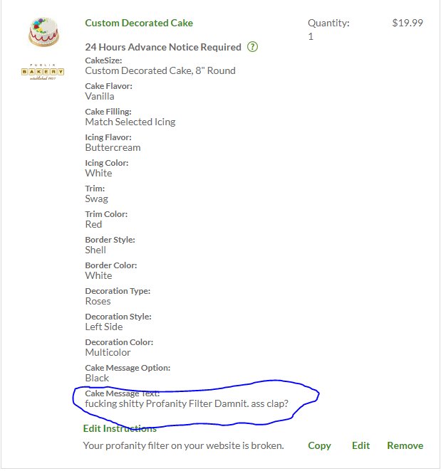 BundleOfStixx's tweet image. Hey I know you're not big on profanity in your cakes @Publix @PublixHelps but I was able to bypass your profanity filter. You cool if I just order this profanity cake? #SummaCumLaude #BadWords #ClientSideValidation #OWASPTop10 #infosecurity