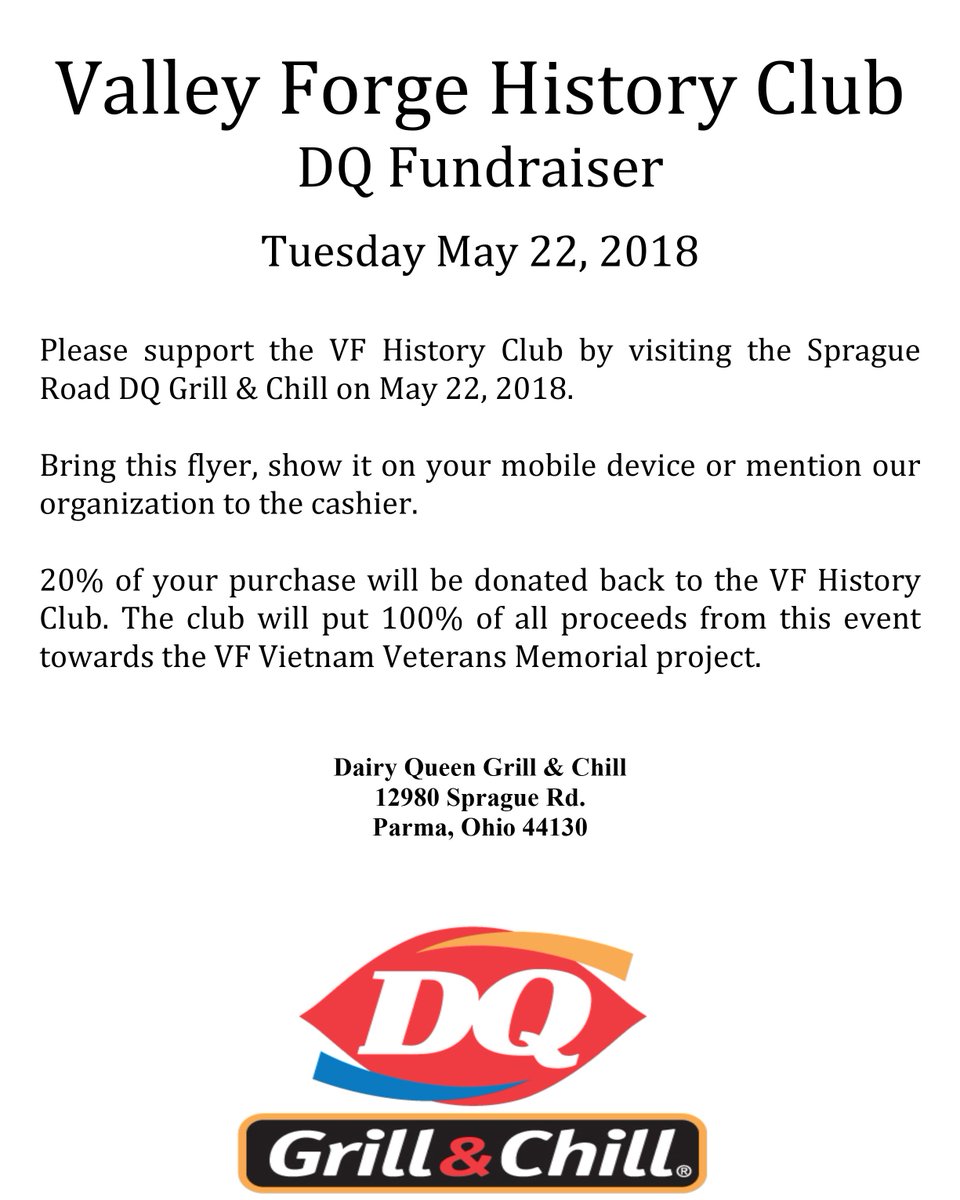 ParmaSchools's tweet image. Please support the VF History Club today by visiting the Sprague Road Dairy Queen! 20% of your purchase will be donated back to the club, which will be used for the VF Vietnam Veterans Memorial project. Thank you for your support!