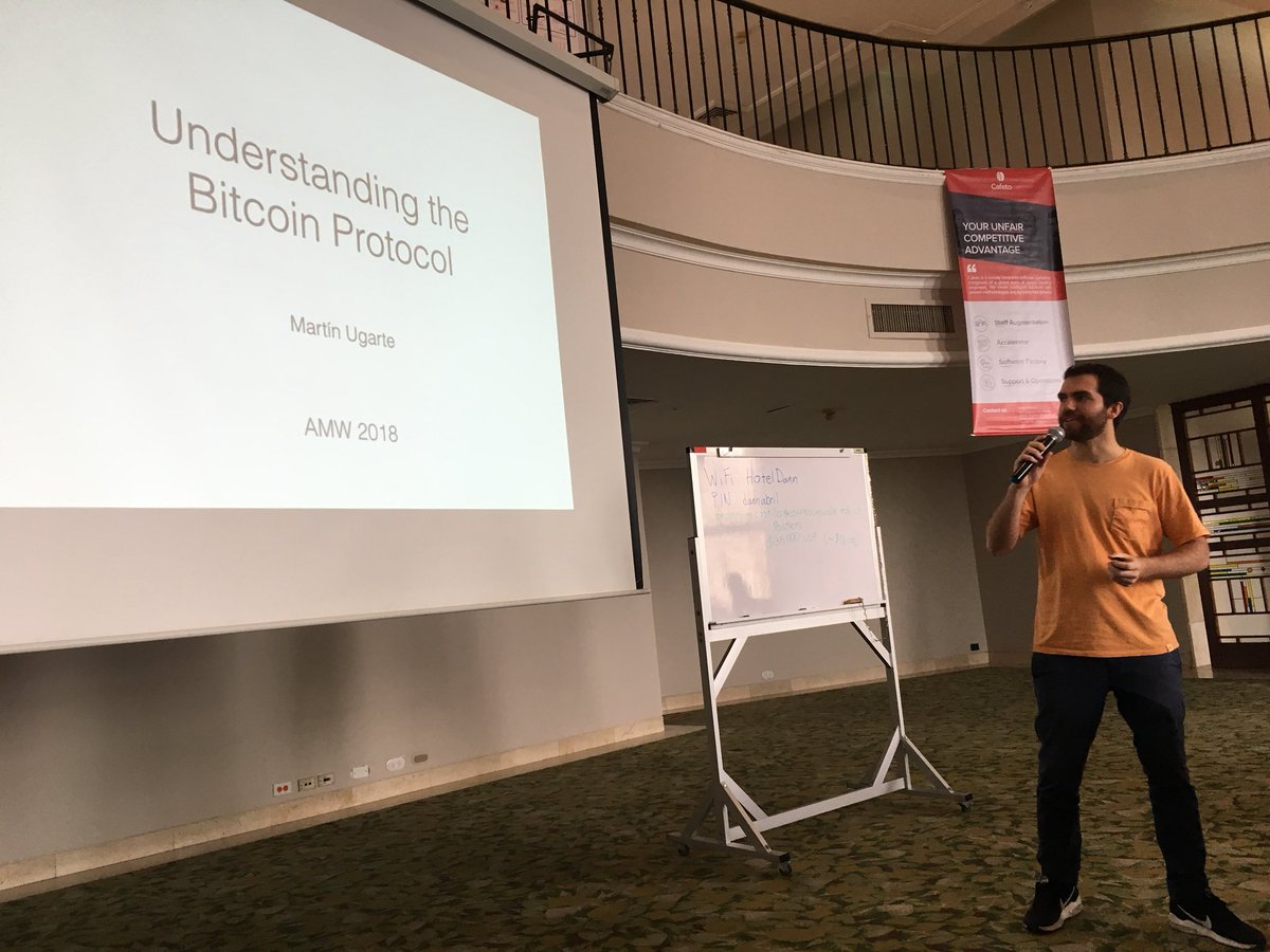 AMW2018's tweet photo. Day 2 of #AMW2018. @martinugartec presenting on Understanding the Bitcoin Protocol https://t.co/vHezk68whl
