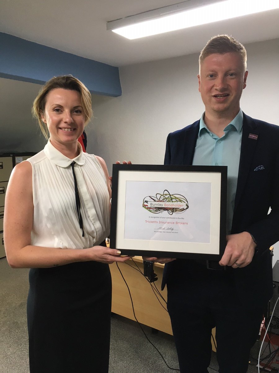 Scott Swainbank &amp; Director Janine Packman from Tricketts Insurance who are happy to become new members of #BurnleyBondholders today. #BrilliantBurnley <a href="/jamestricketts/">Tricketts Insurance</a>
