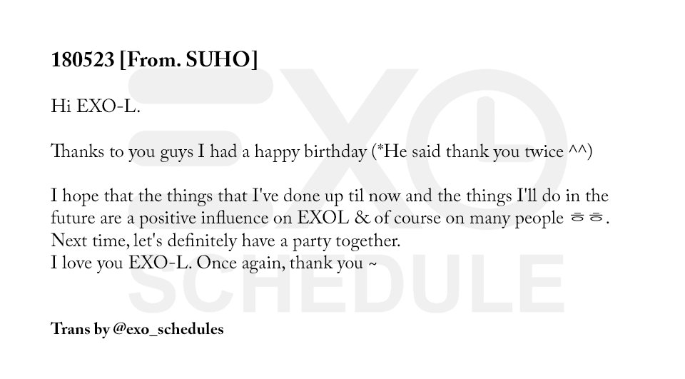 exo_schedules's tweet photo. 180523 [From. SUHO] Birthday 1 Junmyeon

https://t.co/vZSMQZyWrF …
https://t.co/iKZVDbnkfQ …
https://t.co/0vrNezqKzA …

#HappySuhoDay  #SUHO
#PremiosMTVMiaw #MTVBRKPOPEXO #EXO #엑소 @weareoneEXO https://t.co/vKPjWYgJMB