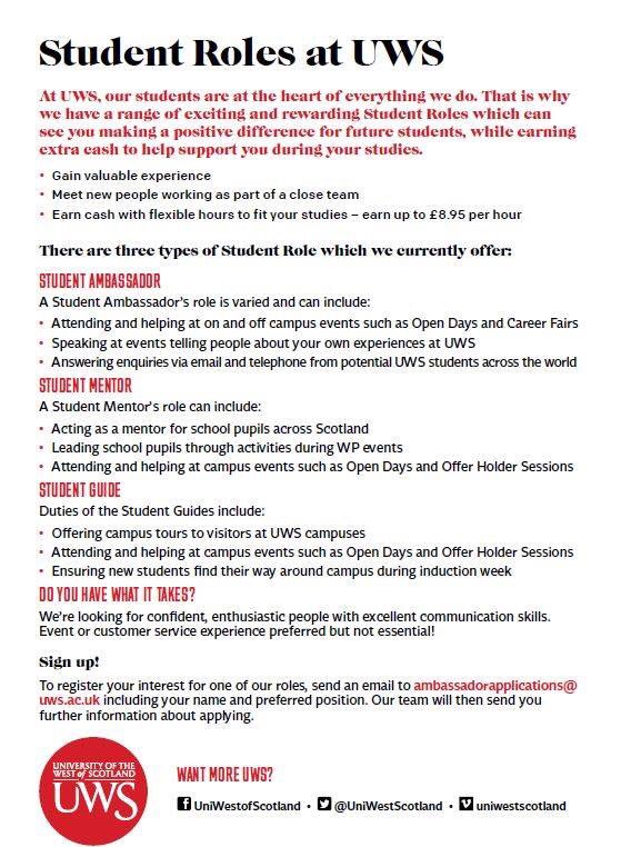 UWSBuddies's tweet photo. Looking for a student job? :) drop us an email! Particularly for those interested who will be studying at  our new @uwslanarkshire campus! but applications open on all campuses. https://t.co/JZBBSCCA8C