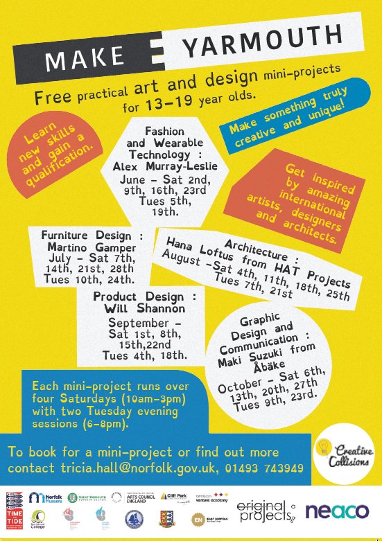 CreateCollide's tweet photo. Our first Make Yarmouth session is coming up on Sat 2nd June! Aged 13-19 and into fashion, #wearabletech &amp; creative experiments? Join us for 4 Saturdays &amp; 2 Tuesday evenings in June in #GreatYarmouth. More info: email tricia.hall@norfolk.gov.uk. Funded by @TakeYourPlaceHE https://t.co/GPmlmBoNY0