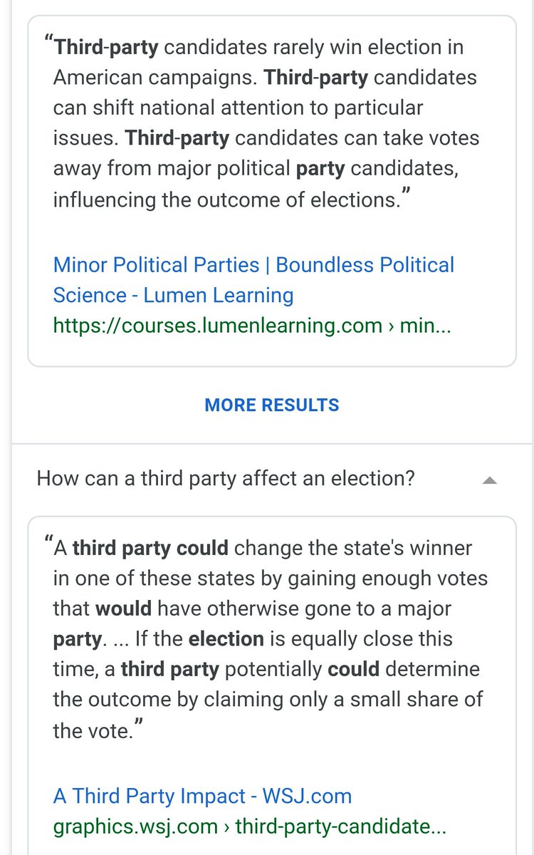  #ThirdParty  #GreenParty  #Independent  #SplitVote  #SpoilerEffect  #Spoiler = less popular candidate wins in elections.Research throughout our nations history. Proven true although of course the  #3rdParty candidate will NOT tell you or you wouldn't vote for them.Do the math..