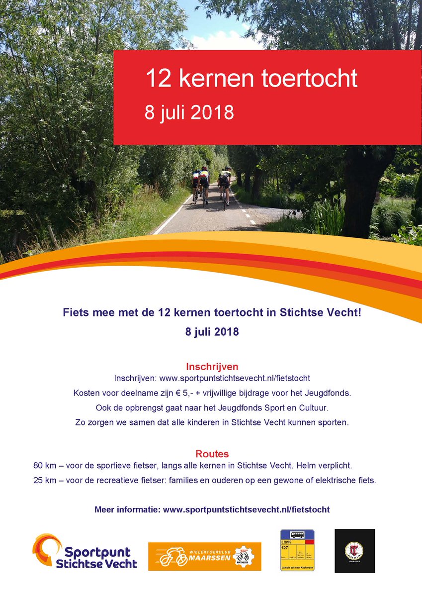 . <a href="/SportpuntSV/">Sportpunt SV</a> organiseert 8 juli een toertocht, waarbij wij het goede doel zijn! Meld je aan op sportpuntstichtsevecht.nl/fietstocht. Naast zelf lekker sportief bezig zijn, help je kinderen uit <a href="/StichtseVecht/">Gemeente Stichtse Vecht</a> om ook te kunnen sporten als ouders hiervoor geen geld hebben! #allekinderendoenmee