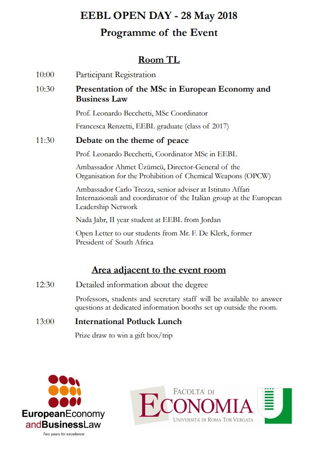fede_corre's tweet photo. 28 May 2018 - EEBL Open Day 
Prof. @Leonardobecchet Amb. Ahmet Üzümcü e Amb. Carlo Trezza parteciperanno al dibattito su pace e il disarmo. https://t.co/IpGVqBWTSY
@agenparl_lazio @Agenzia_Ansa @askanews_ita @Agenpress @Omniromanews @tempoweb @HuffPostItalia @limesonline https://t.co/IiU1vXpRob