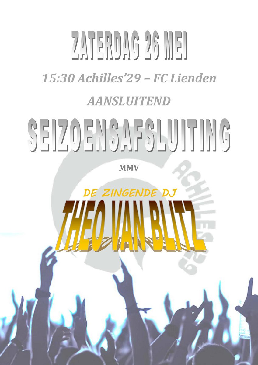 Achilles_1929's tweet photo. Zaterdag 26 mei 15:30 uur:            🏁 Achilles'29 - FC Lienden ⚽️
Na afloop van de wedstrijd is er een seizoensafsluiting mmv de zingende DJ Theo van Blitz! 🍻🎤
#Samenweeromhoogkijken https://t.co/T3YOfvCXr9